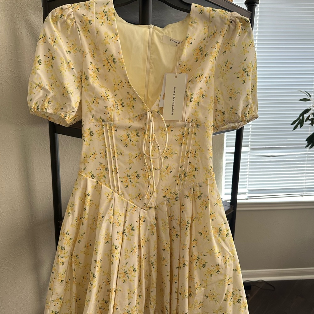 Commense Yellow Puff Sleeve Plunge Sundress